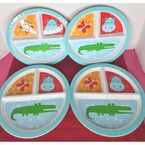 4 Kohl's Kids Large Butterfly Hippo Alligator Divided Melamine Plates Blue Red